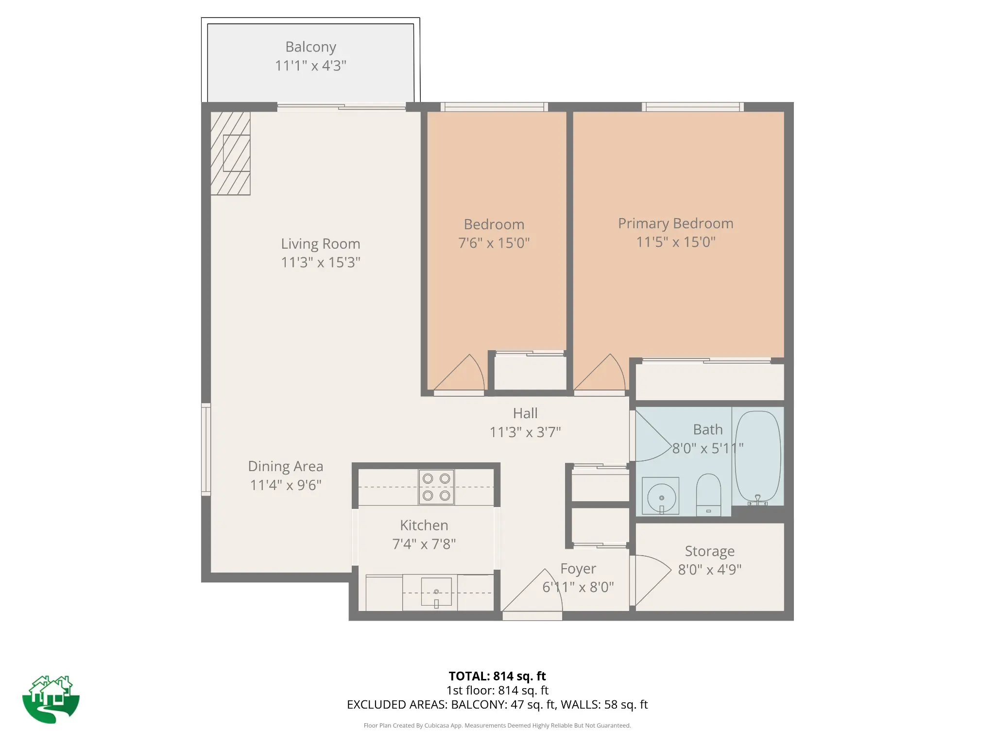 Woodridge Manor unit floor plan, 814 square feet, 2 bedrooms, 1 bathroom